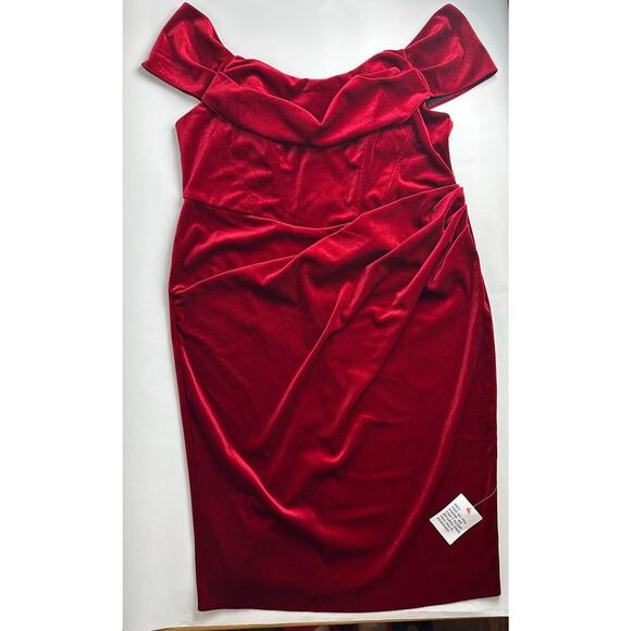 NWT Asos Design Curve Size 20 Drape Bardot Corset Red Velvet Pencil Midi Dress - Picture 5 of 15
